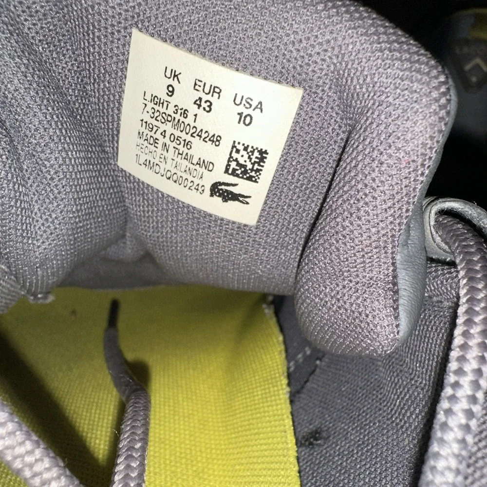 Lacoste Performance Sneakers Grey Mesh & Light Green Accent On Heel Men's Sz 10